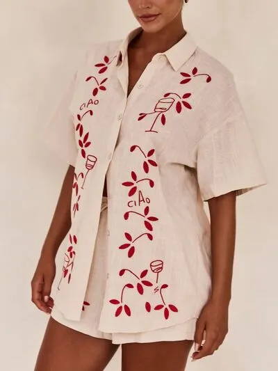 Ella Embroidered Collared Neck Half Sleeve Top and Shorts Set | Poundton