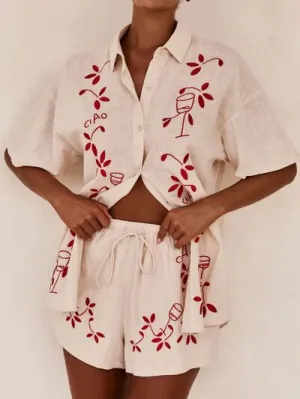 Ella Embroidered Collared Neck Half Sleeve Top and Shorts Set | Poundton