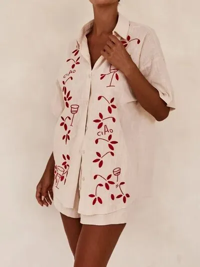 Ella Embroidered Collared Neck Half Sleeve Top and Shorts Set | Poundton