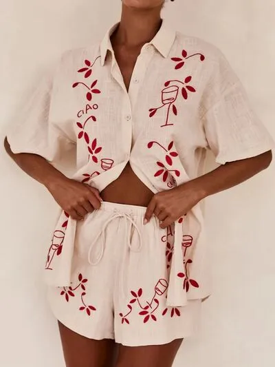 Ella Embroidered Collared Neck Half Sleeve Top and Shorts Set | Poundton