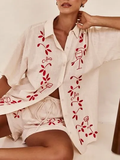 Ella Embroidered Collared Neck Half Sleeve Top and Shorts Set | Poundton