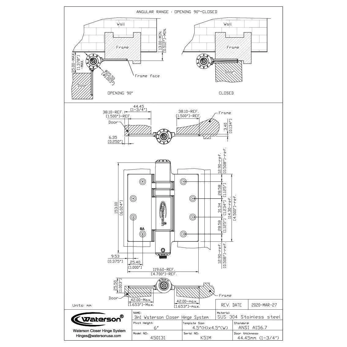 Fire Rated Self Closing Hinges | 7ft | SS304 | K51M-450-B3 | 3 Pack