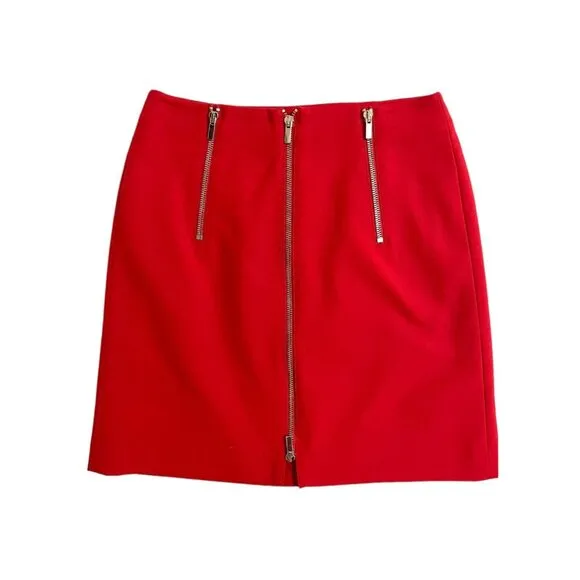 French Connection Red Mini Skirt Glass Stretch Mini Skirt Zippers Sz 4 NWT $128