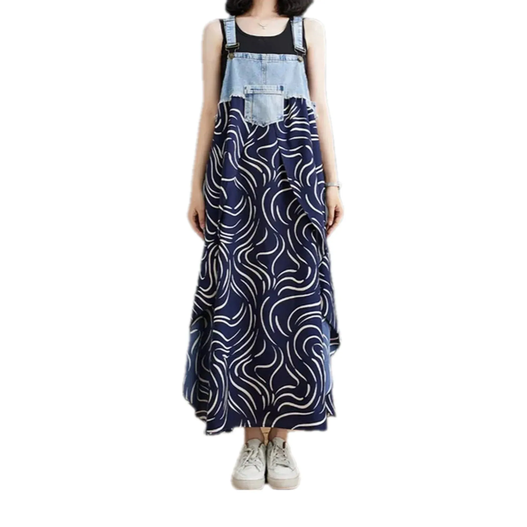 Graphic flared boho jeans dress