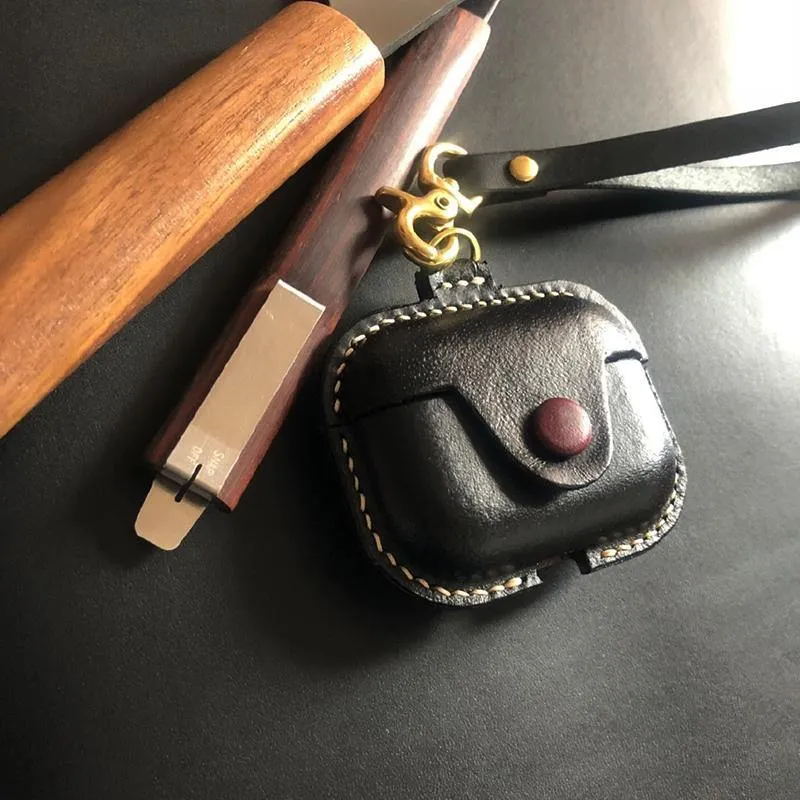 Handmade Black Leather AirPods Pro Case with Wristlet Strap Leather AirPods Case Airpod Case Cover