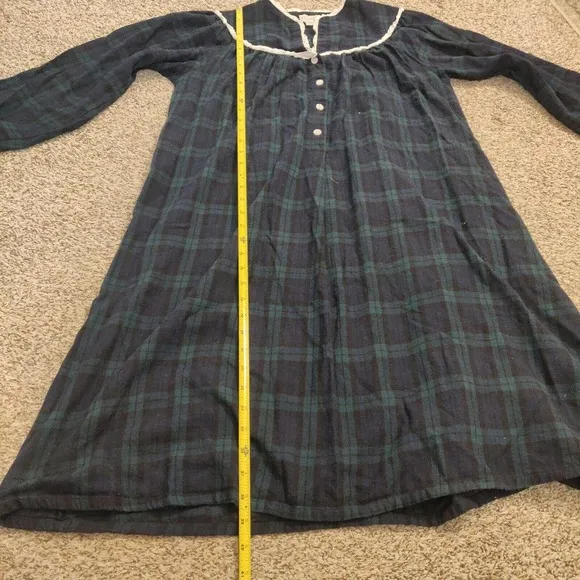 Lanz Of Salzburg Vintage Nightgown Blue Green Plaid Size S Long Sleeve