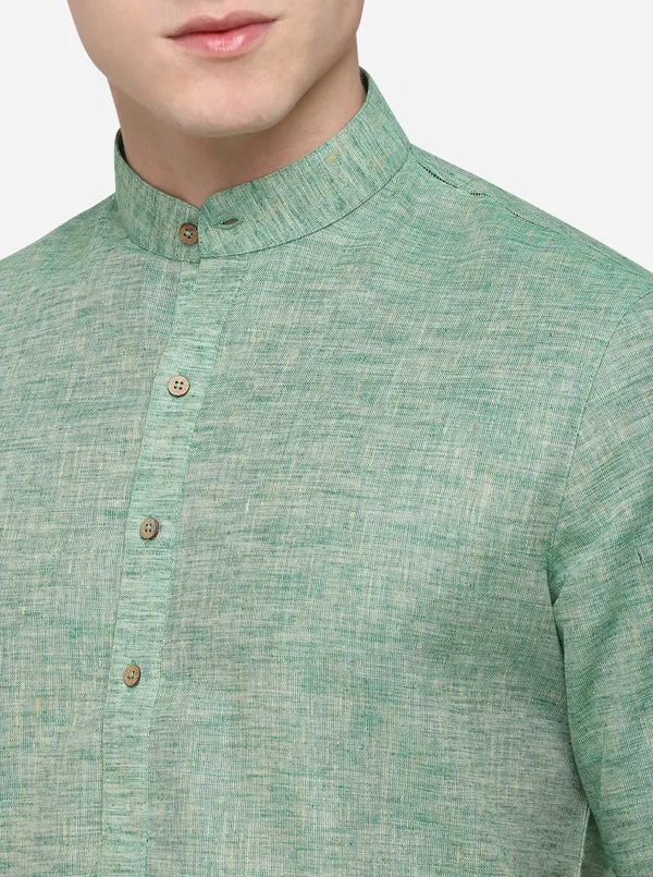 Light Green Self Textured Regular Fit Modi Kurta | JadeBlue