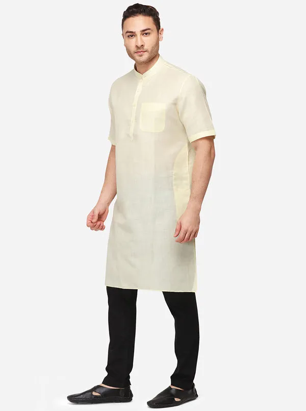Light Yellow Self Textured Regular Fit Modi Kurta | JadeBlue