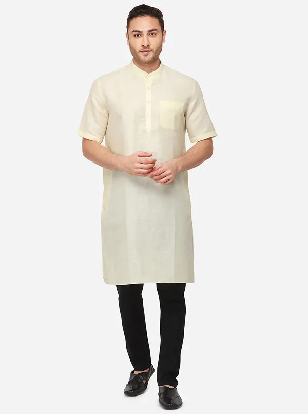 Light Yellow Self Textured Regular Fit Modi Kurta | JadeBlue