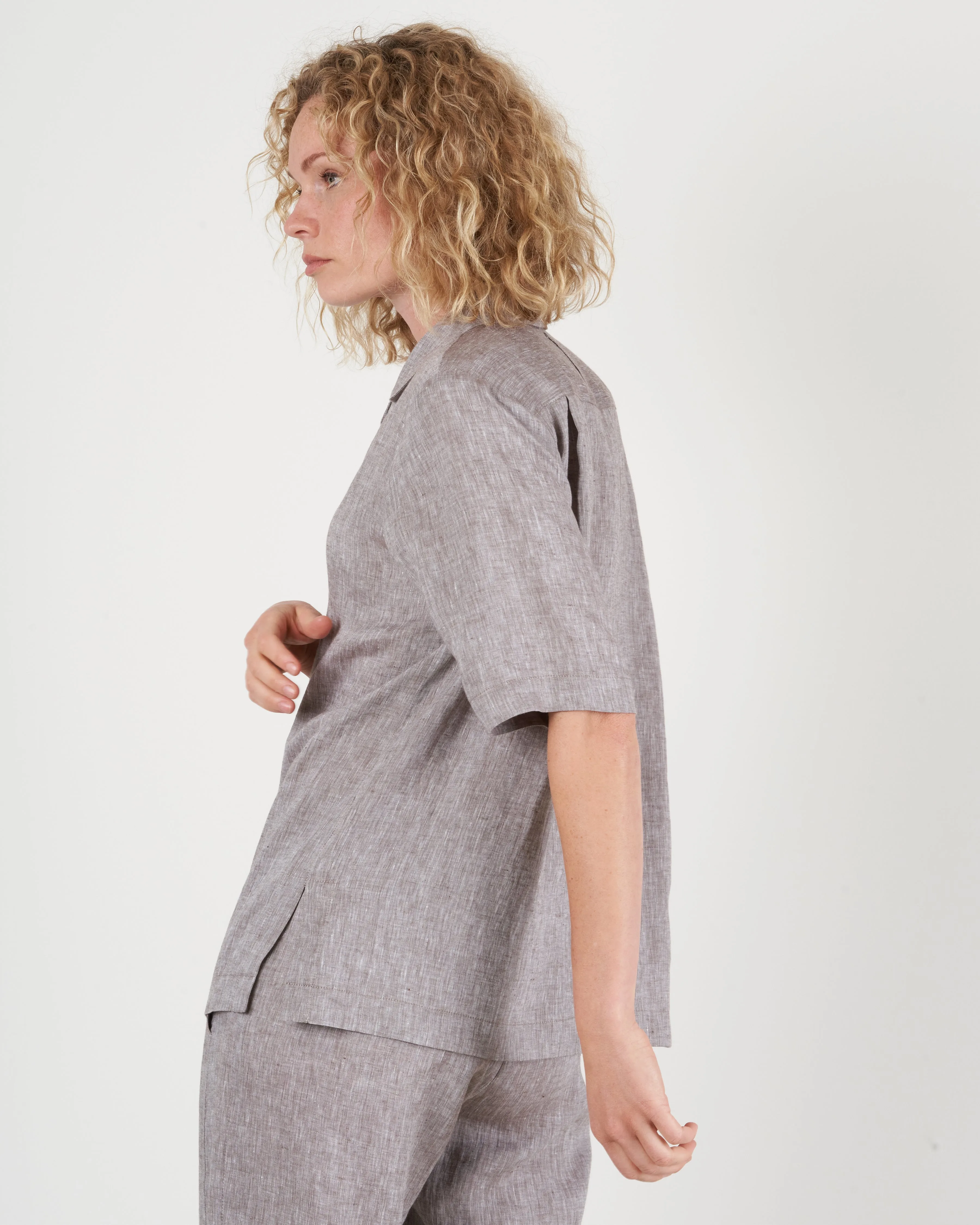 linen notch collar shirt - brown