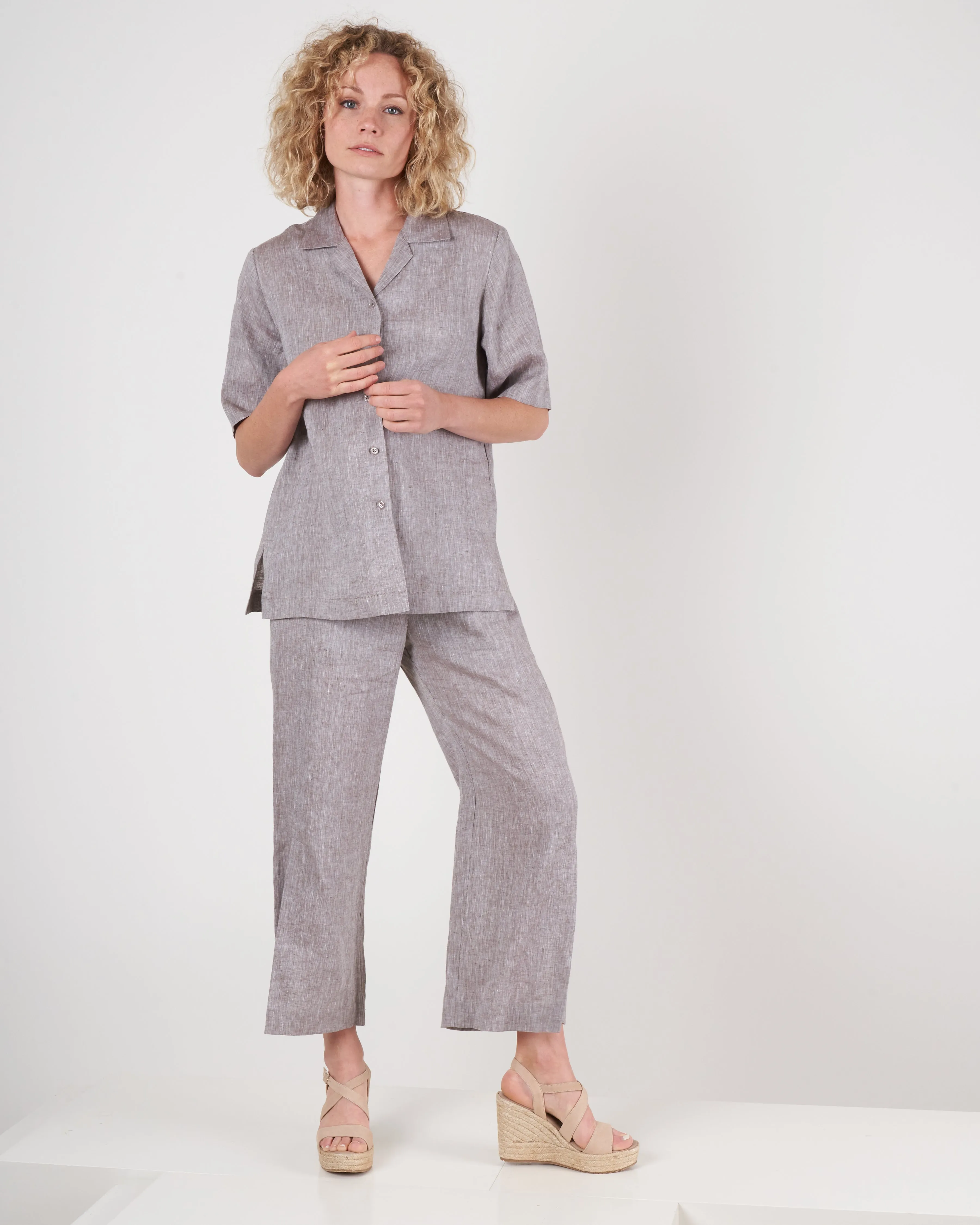 linen notch collar shirt - brown