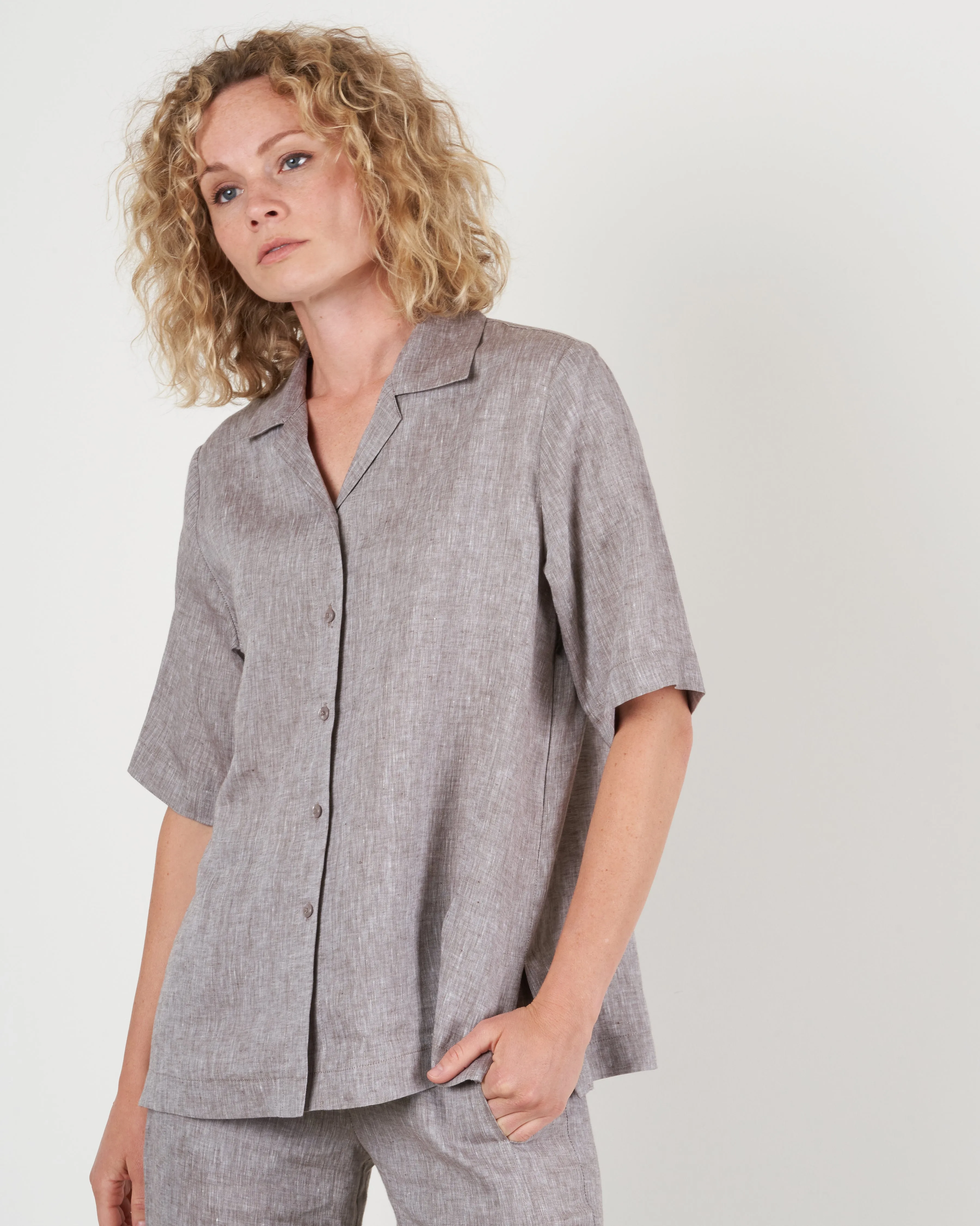 linen notch collar shirt - brown
