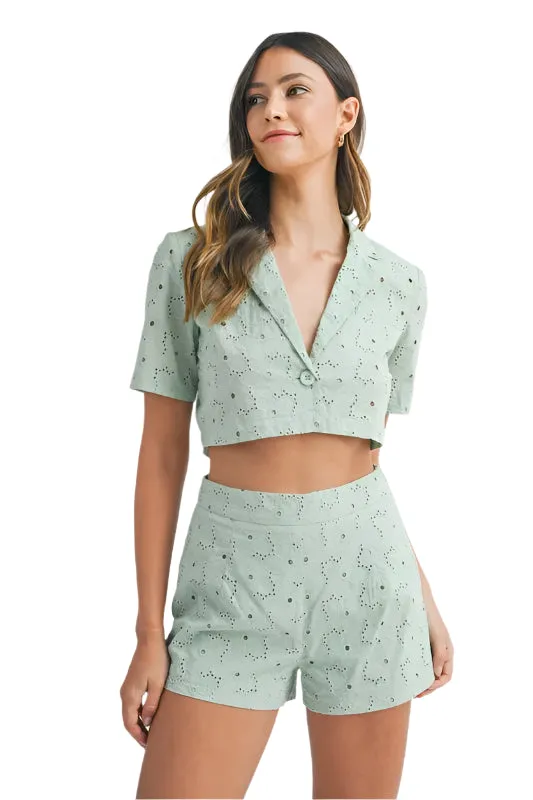 MABLE Eyelet Short Sleeve Crop Top and Shorts Set
