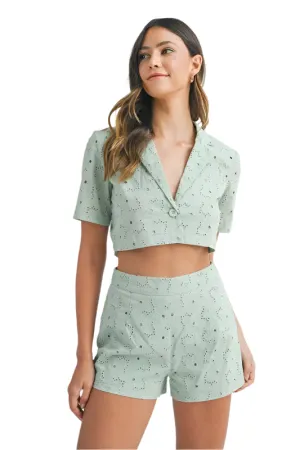 MABLE Eyelet Short Sleeve Crop Top and Shorts Set
