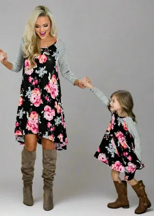 Mommy and Me Matching Floral and Striped Long Sleeve A-Line Dresses