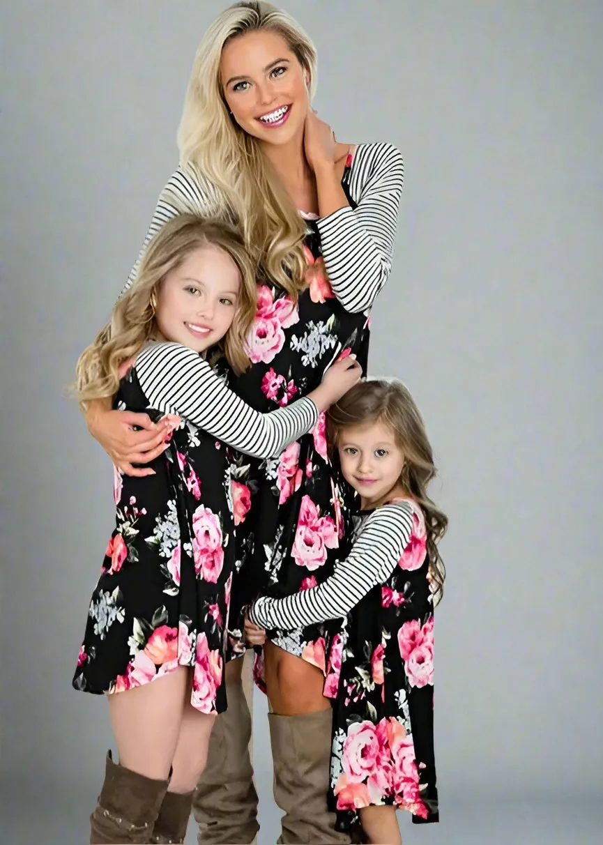 Mommy and Me Matching Floral and Striped Long Sleeve A-Line Dresses