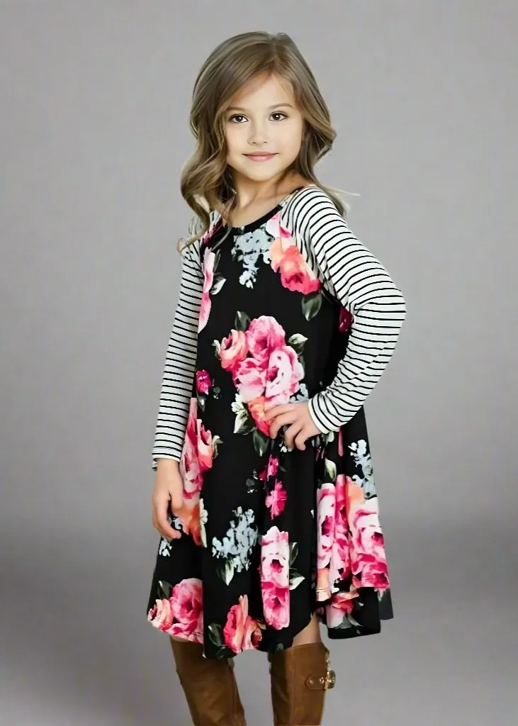 Mommy and Me Matching Floral and Striped Long Sleeve A-Line Dresses