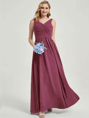 Mulberry Wide Straps Sleeveless V-Neck Pleated Flowy Bridesmaid Dress