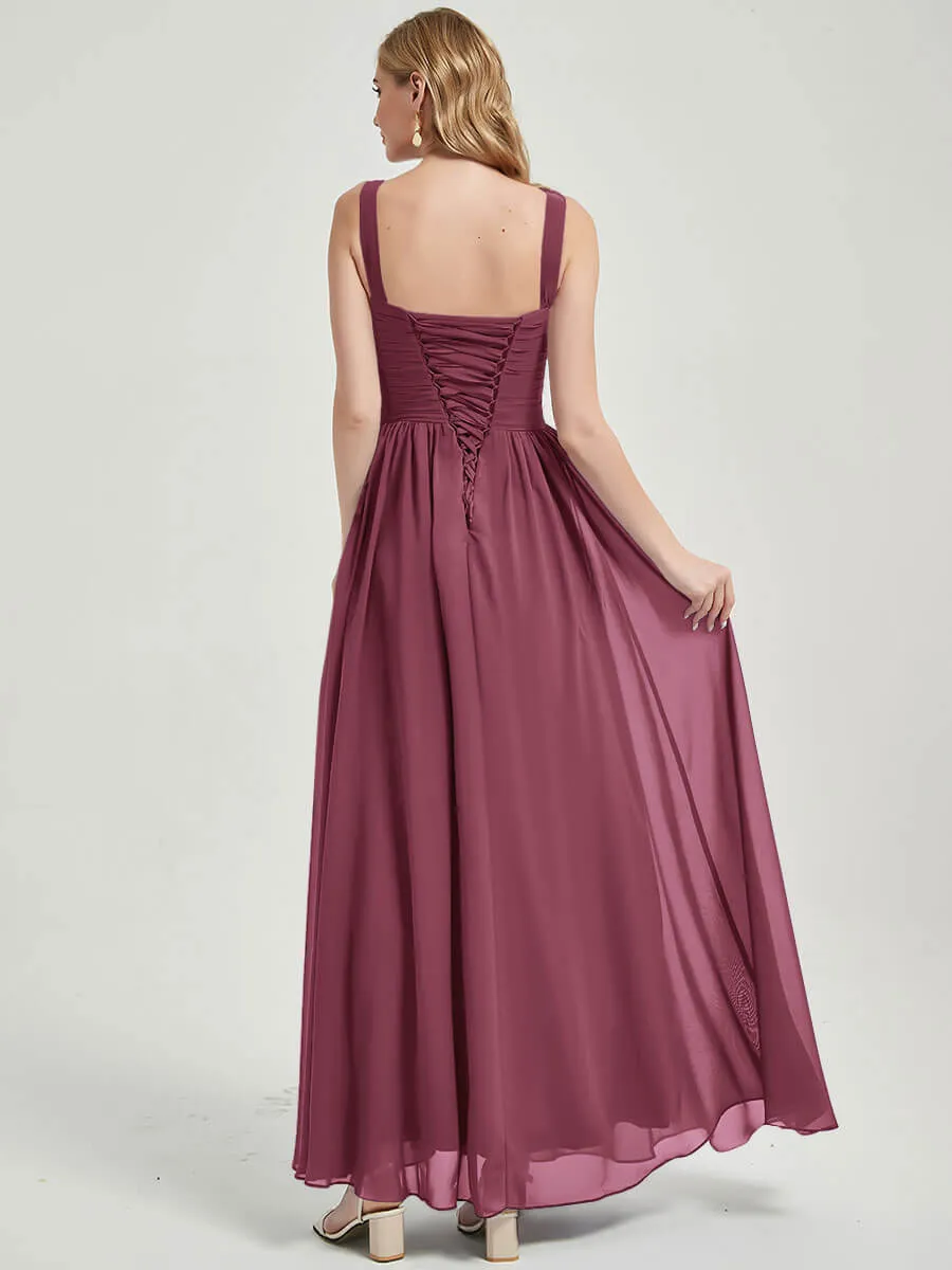 Mulberry Wide Straps Sleeveless V-Neck Pleated Flowy Bridesmaid Dress