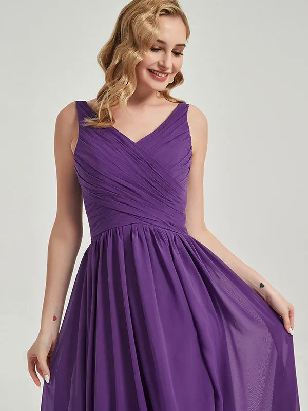 Mulberry Wide Straps Sleeveless V-Neck Pleated Flowy Bridesmaid Dress