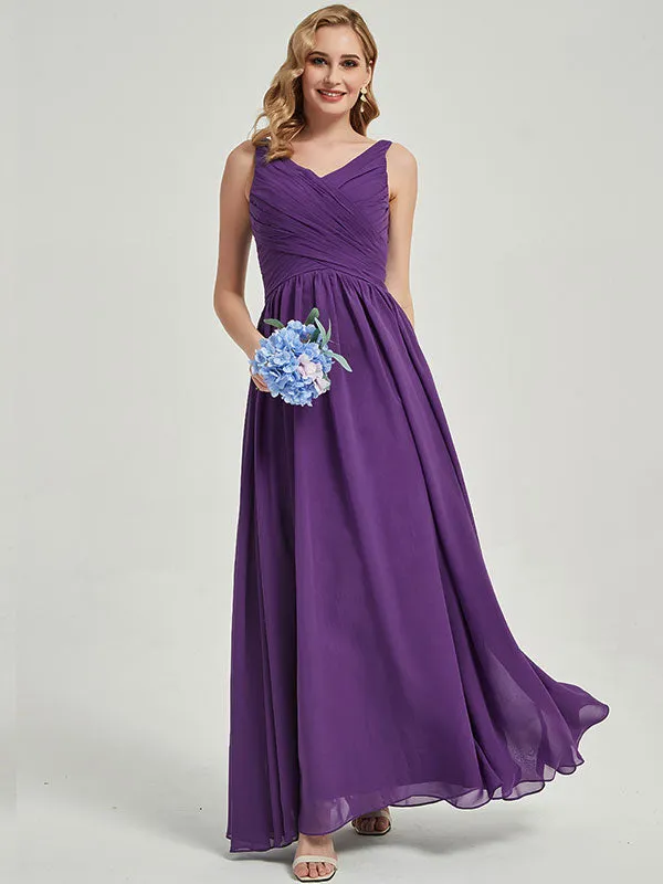 Mulberry Wide Straps Sleeveless V-Neck Pleated Flowy Bridesmaid Dress