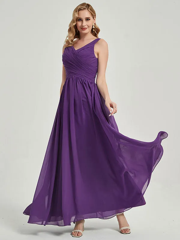 Mulberry Wide Straps Sleeveless V-Neck Pleated Flowy Bridesmaid Dress