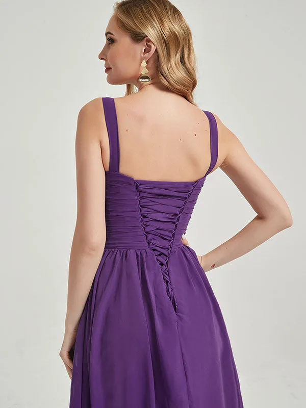 Mulberry Wide Straps Sleeveless V-Neck Pleated Flowy Bridesmaid Dress