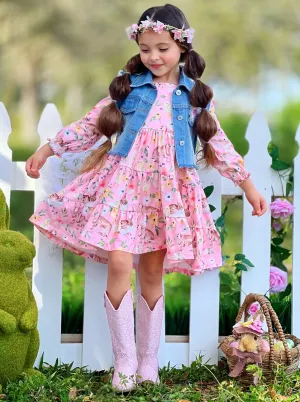 My Sweet Spring Denim Vest And Floral Bunny Dress Set