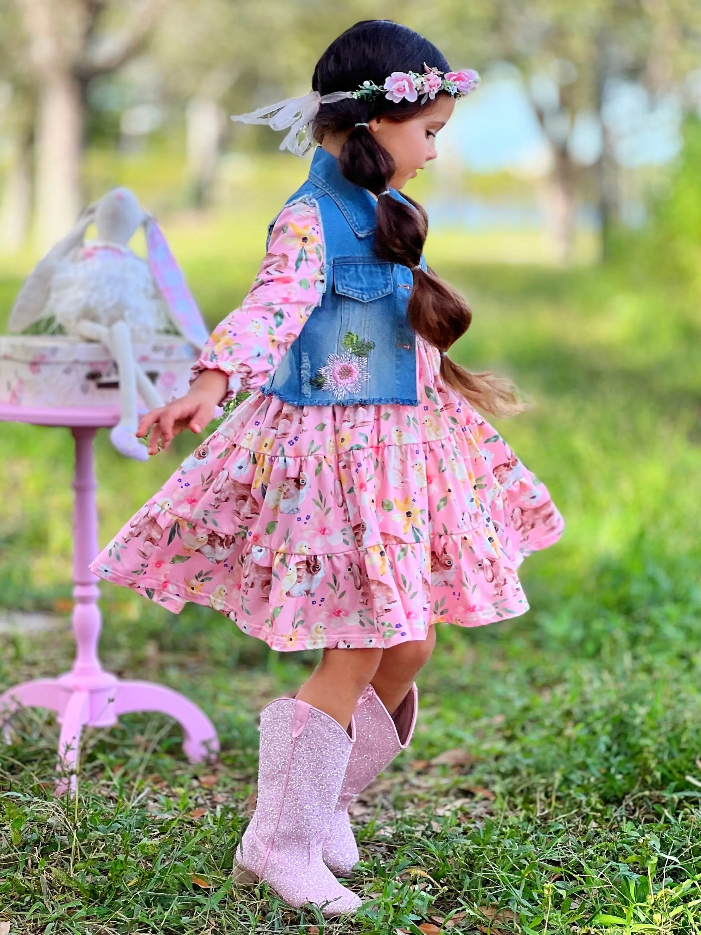 My Sweet Spring Denim Vest And Floral Bunny Dress Set