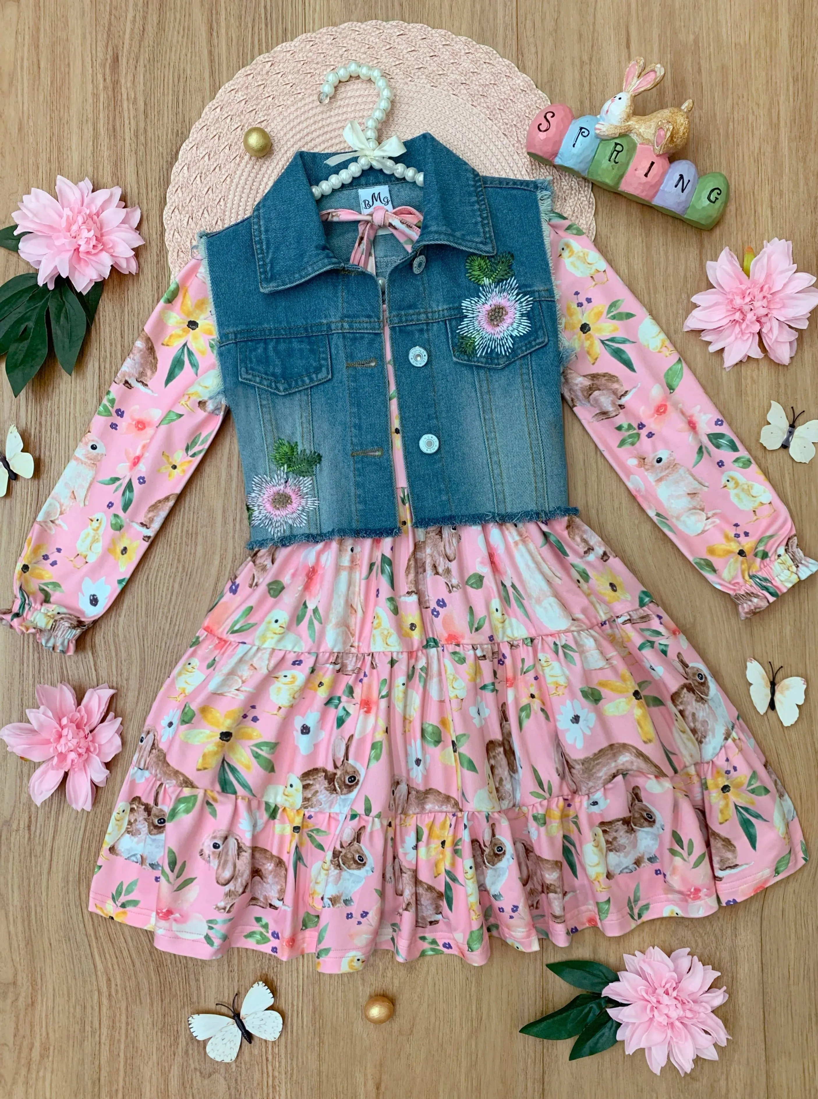 My Sweet Spring Denim Vest And Floral Bunny Dress Set