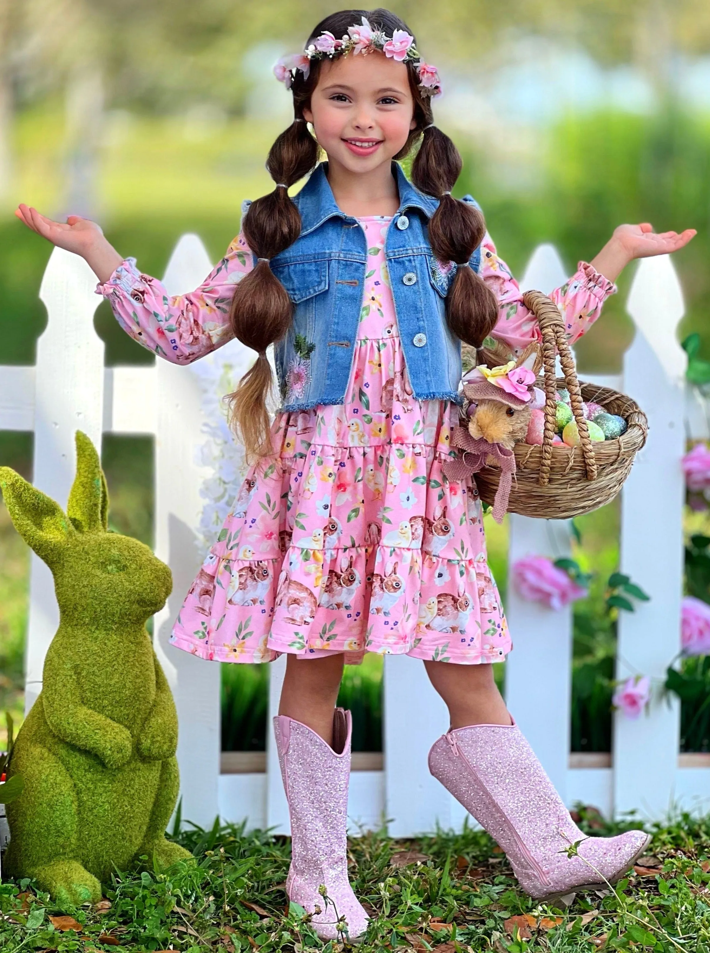 My Sweet Spring Denim Vest And Floral Bunny Dress Set