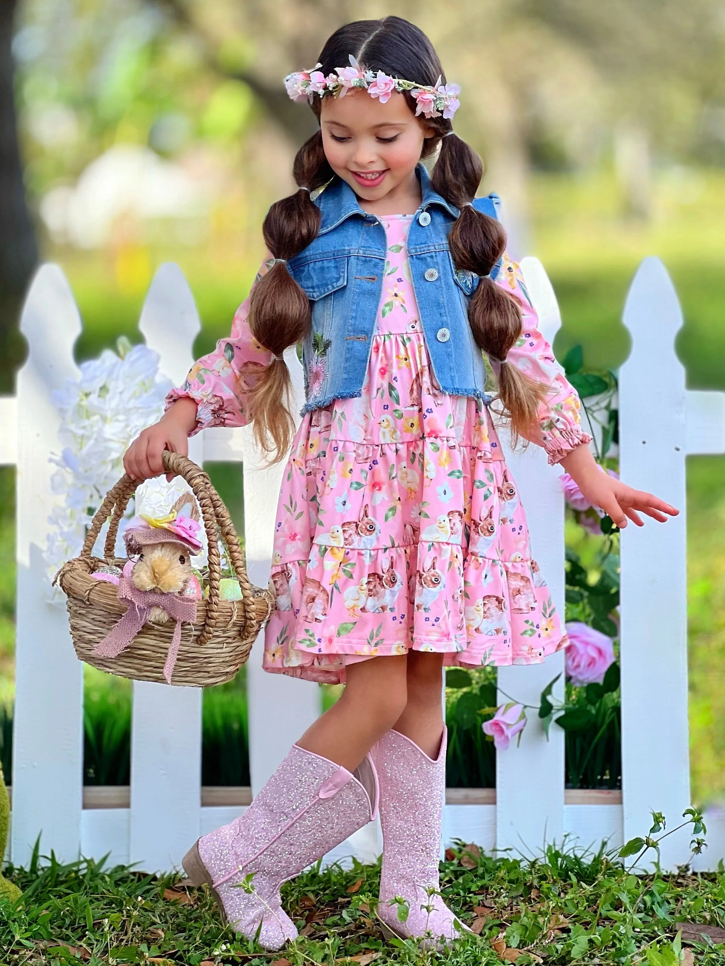 My Sweet Spring Denim Vest And Floral Bunny Dress Set