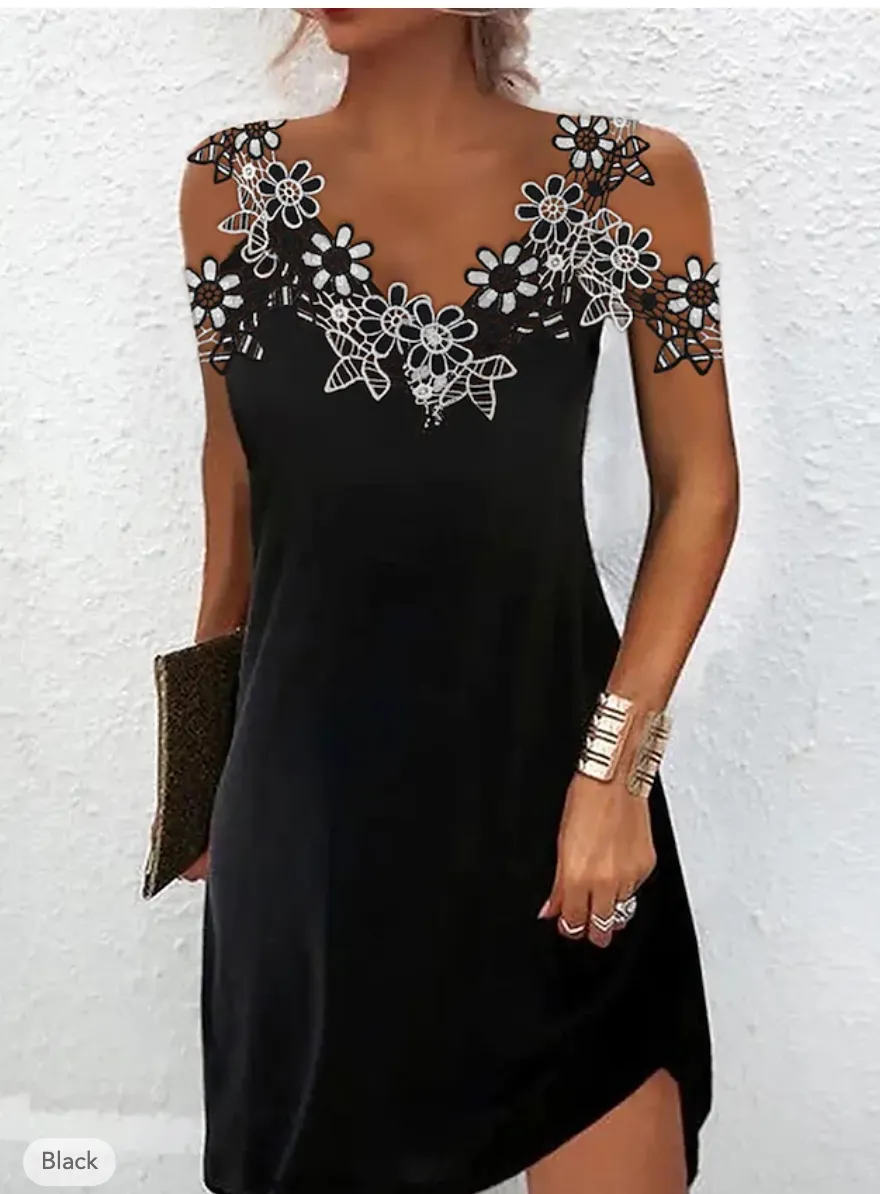 New Light in the box Women's Black Dress Summer Dress Contrast Lace Strap Mini Dress Cold Shoulder Daily Date Sleeveless Summer Spring Black/White Sz L Retails $53 