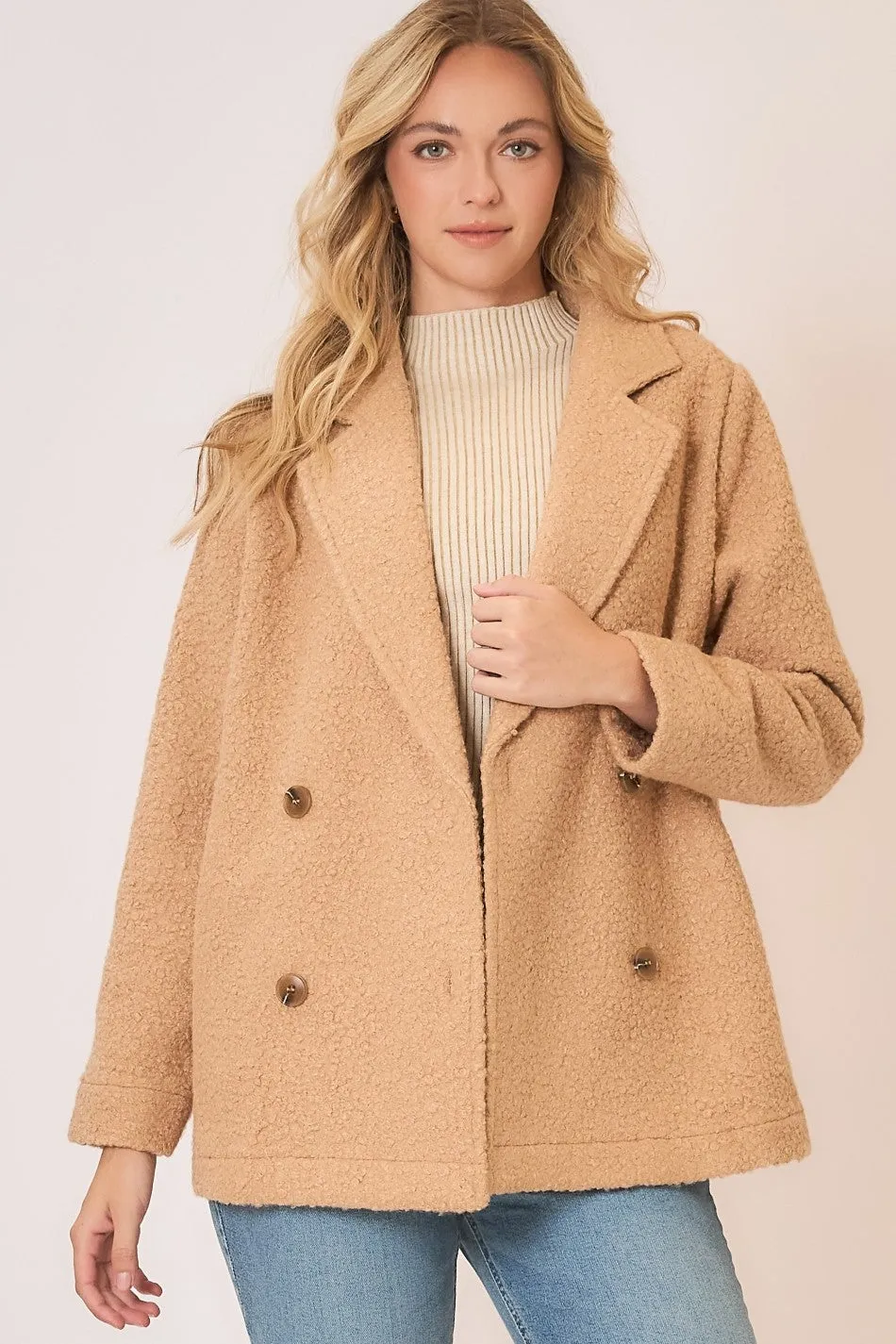 Notched Lapel Pile Fleece Sherpa Pea Coat by Cozy Co