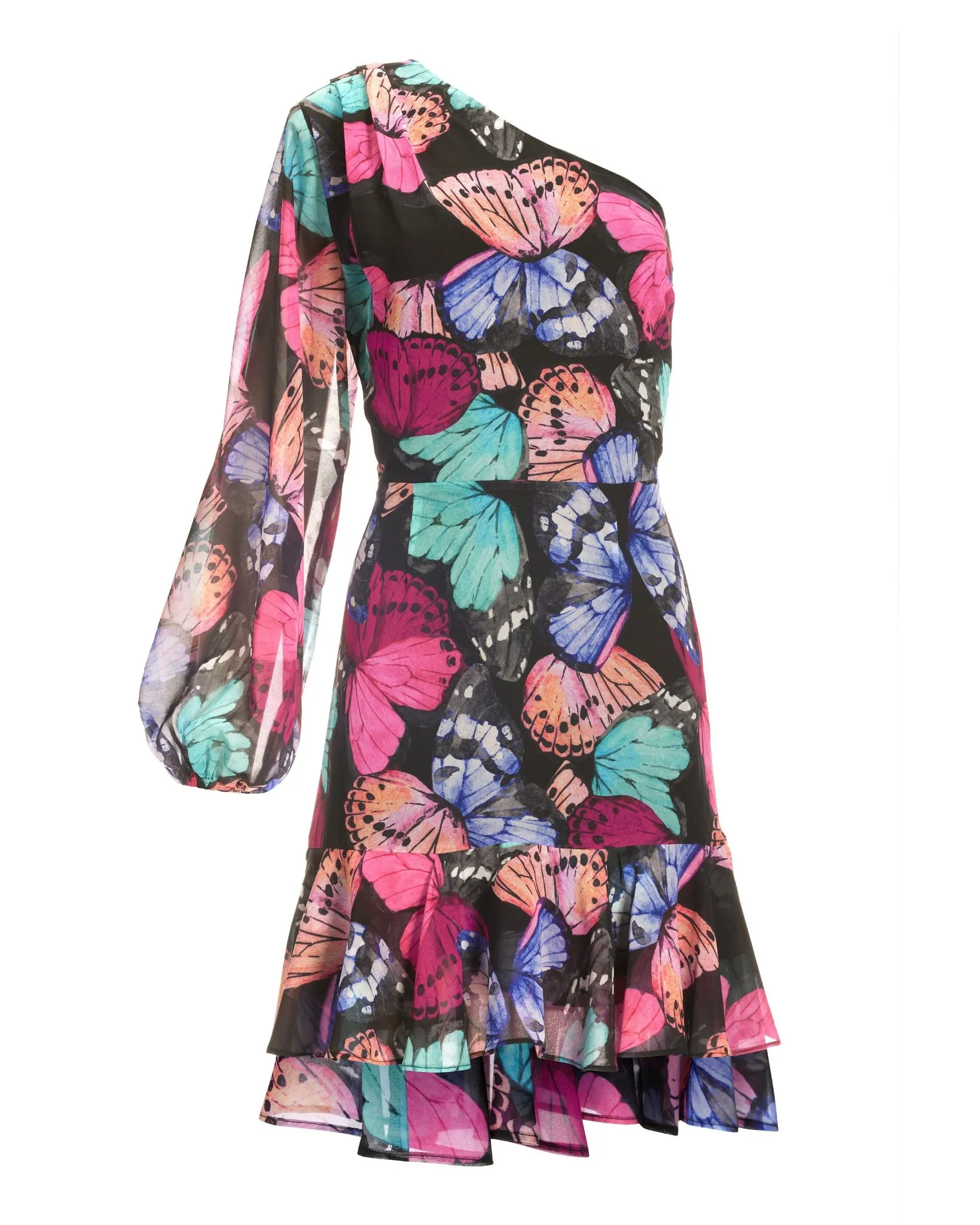 One Shoulder Butterfly Print Dress Black Multi