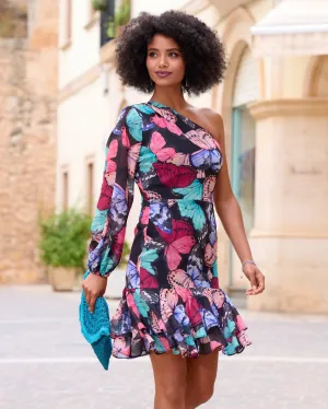 One Shoulder Butterfly Print Dress Black Multi