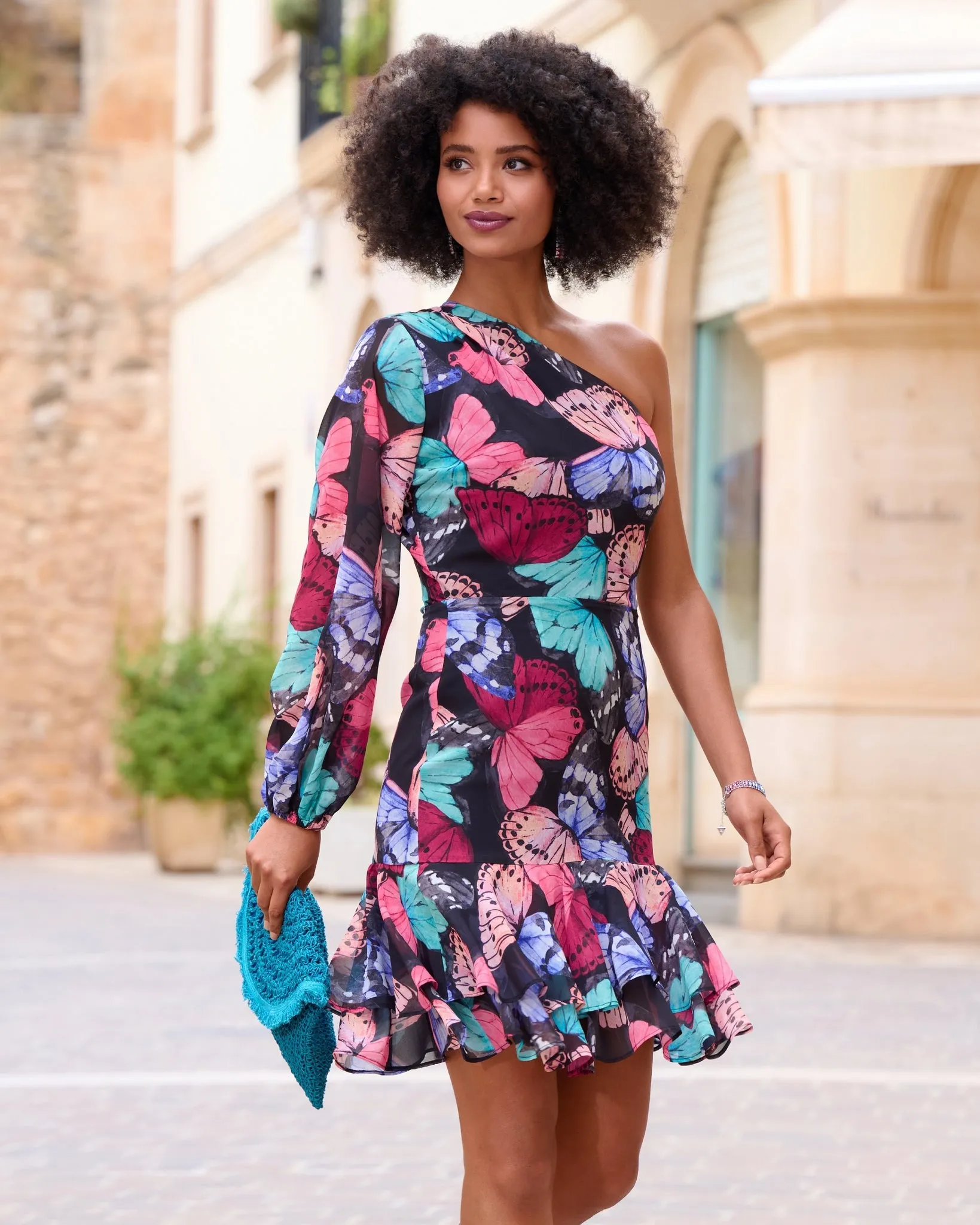 One Shoulder Butterfly Print Dress Black Multi