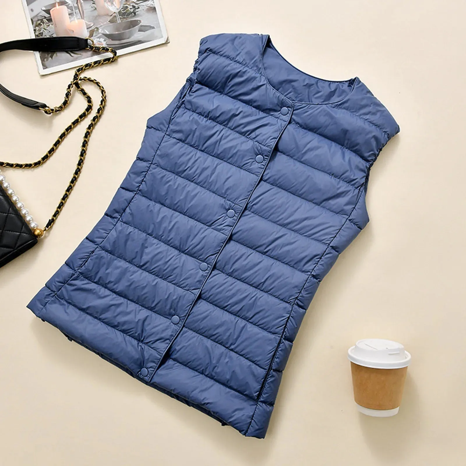 Plus Size Vest Women Collarless Down Light Autumn And Winter Jacket Inner Wear Long Plaid Tunic Coats зимняя куртка женская