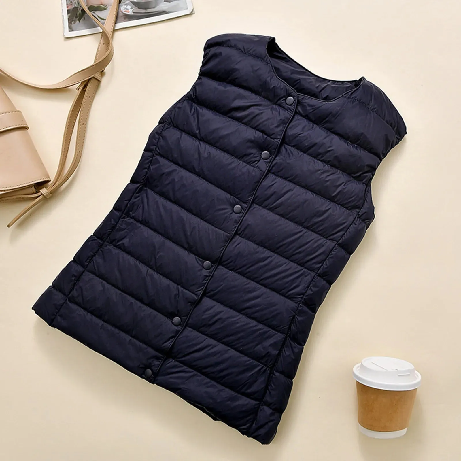 Plus Size Vest Women Collarless Down Light Autumn And Winter Jacket Inner Wear Long Plaid Tunic Coats зимняя куртка женская