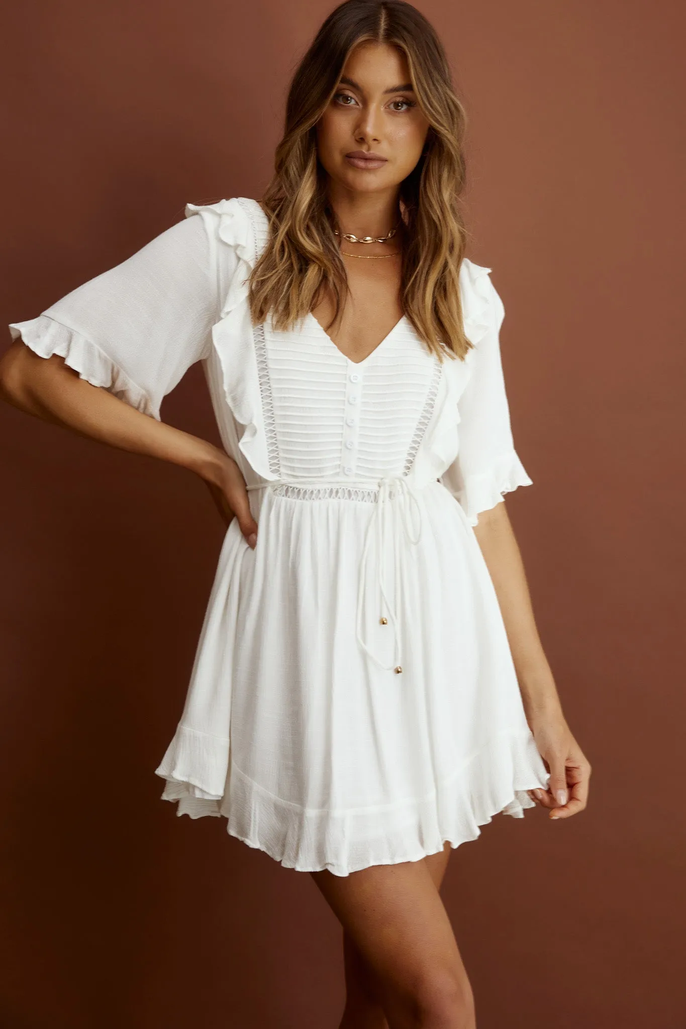 Promenade Faux Placket Pintuck Dress White
