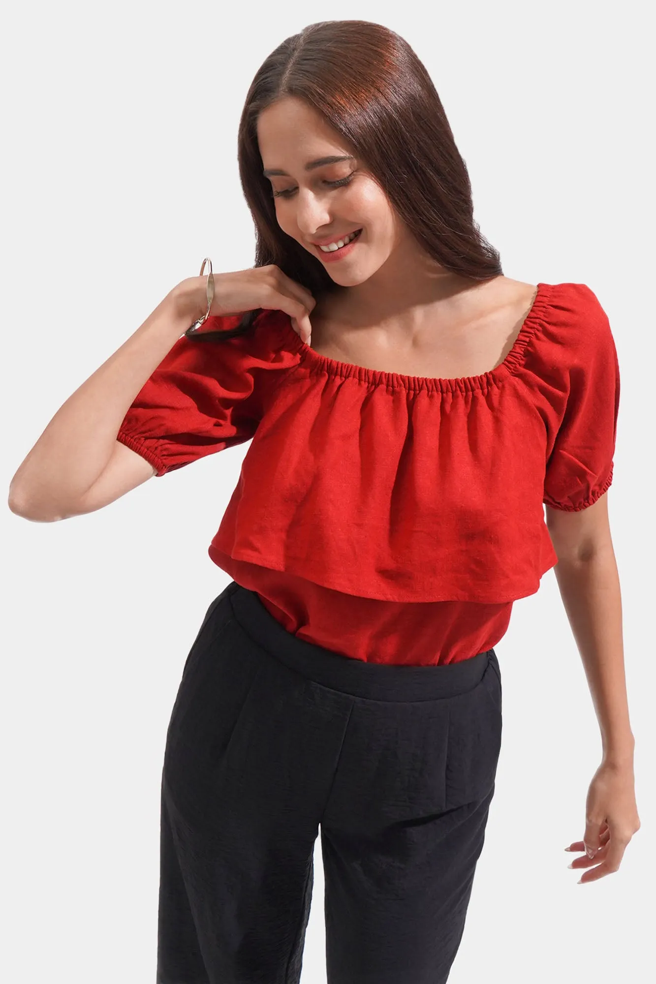 REFORME Two-Way Shirred Linen Blend Top