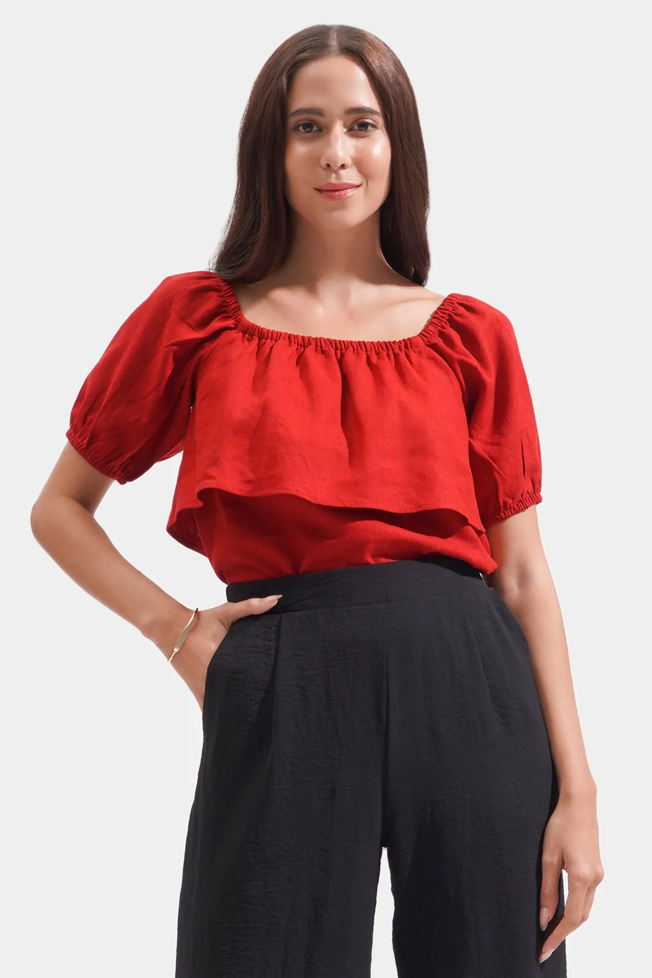 REFORME Two-Way Shirred Linen Blend Top