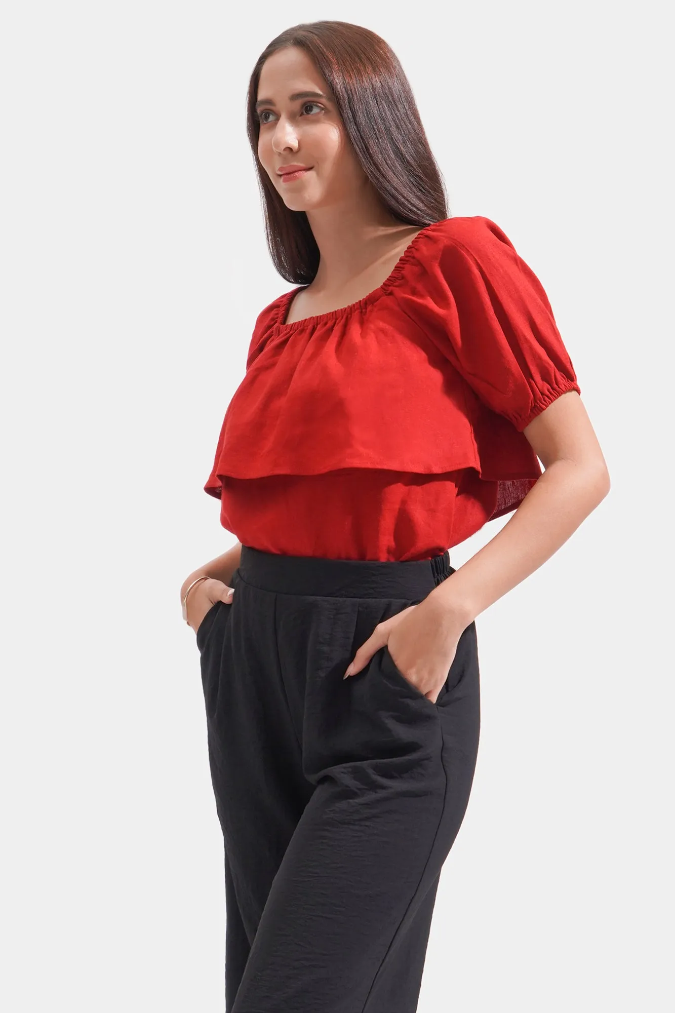 REFORME Two-Way Shirred Linen Blend Top