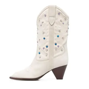 Roman Cow Suede White Denim Patchwork Spike heel Boots