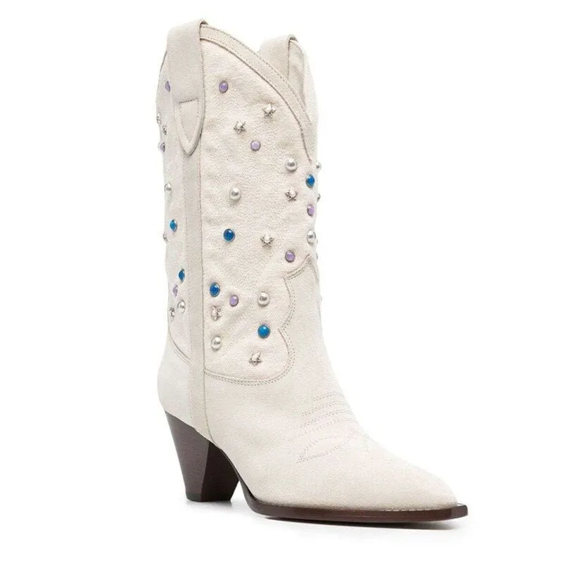 Roman Cow Suede White Denim Patchwork Spike heel Boots
