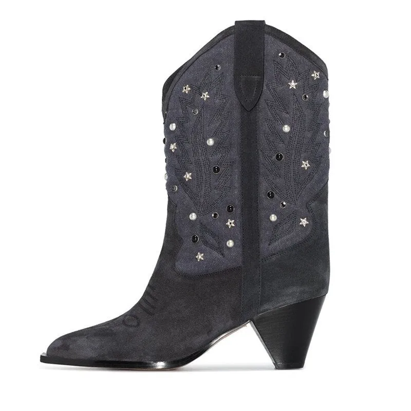 Roman Cow Suede White Denim Patchwork Spike heel Boots