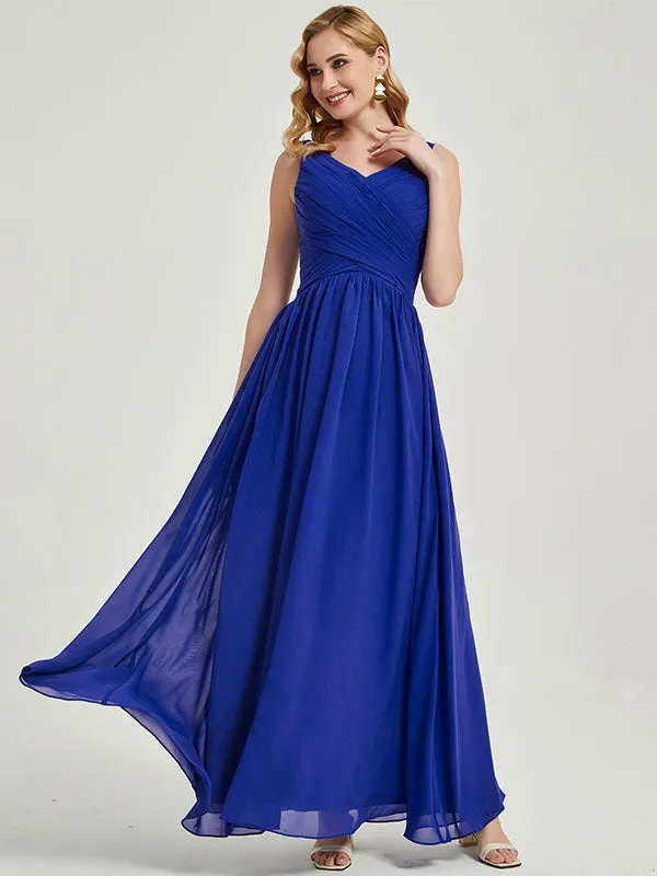 Royal Blue Wide Straps Sleeveless V-Neck Pleated Maxi Bridesmaid Dress