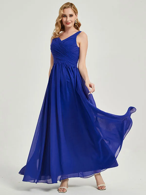 Royal Blue Wide Straps Sleeveless V-Neck Pleated Maxi Bridesmaid Dress