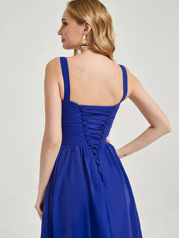 Royal Blue Wide Straps Sleeveless V-Neck Pleated Maxi Bridesmaid Dress
