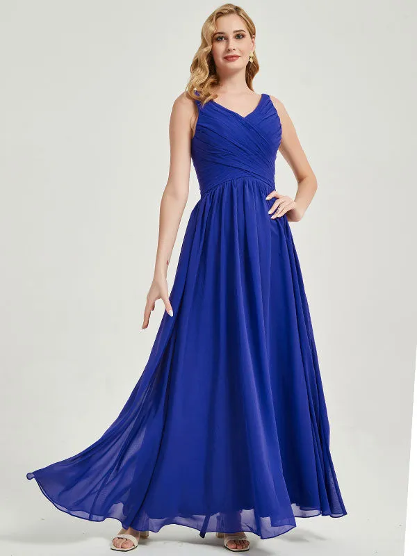 Royal Blue Wide Straps Sleeveless V-Neck Pleated Maxi Bridesmaid Dress